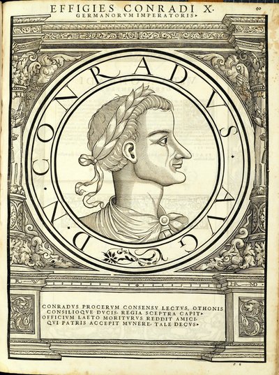 Conradus I, ilustración de Imperatorum romanorum omnium orientalium et occidentalium verissimae imagines ex antiquis numismatis de Hans Rudolf Manuel Deutsch